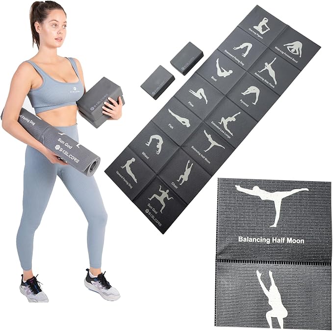 Skelcore Yoga Mat and Blocks Set- Travel Yoga Mat with Poses Printed On It and 2 Yoga Blocks - Non Slip Yoga Accessories For Beginners Folding Yoga Travel Mat 68"L x 24"W x 2mm