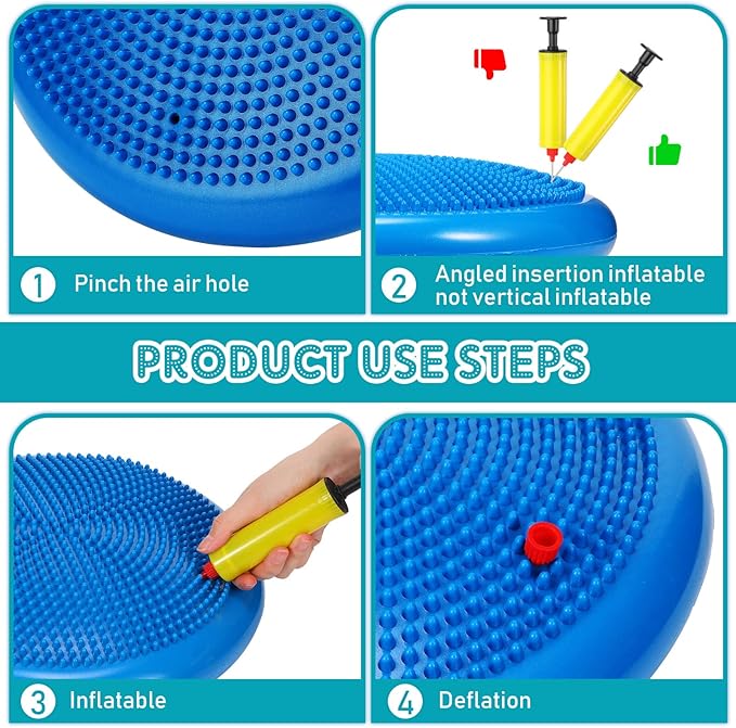 Sotiff 4 Pcs Inflated Wobble Cushion Wiggle Seat for Sensory Kids Flexible Seat for Classroom Wobble Disc with Inflation Pump Stability Balance Board for Adult Physical Therapy Exercise