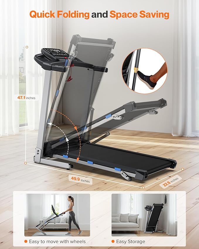 Foldable Treadmill with Incline, 350 LBS Capacity, 3.0HP Quiet Running Treadmills for Home, Incline Treadmill with Pulse Sensor and Bluetooth Speaker, Wide Belt, App & Voice Control, 7.6 MPH