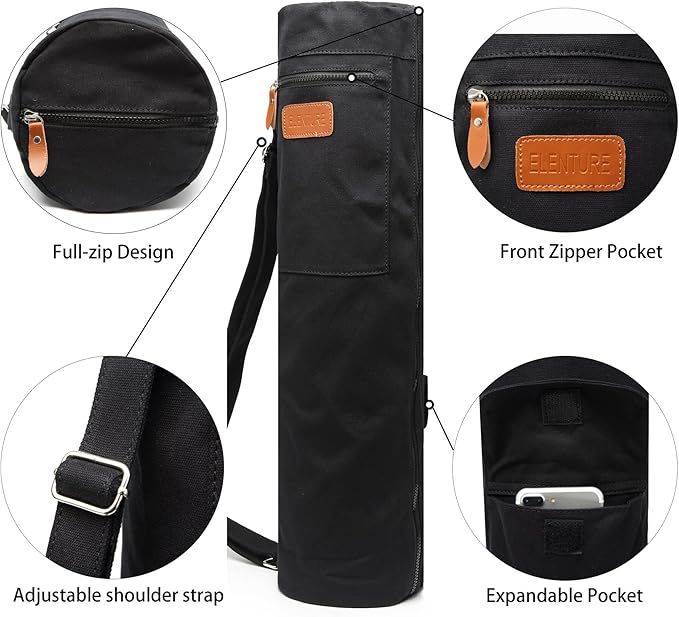 Canvas Yoga Mat Bag with Adjustable Strap & Pockets, Full-Zip Travel Gym Tote for Women & Men, Fits 1/4" & 1/3" Thick Mats, Lightweight Carrier for Yoga, Studio, Workout, Outdoor Use