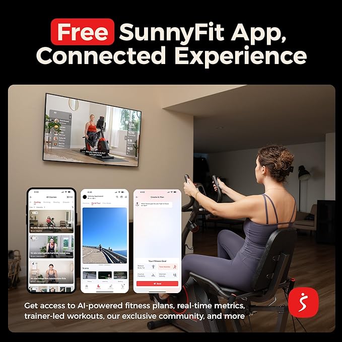 Sunny Health & Fitness Smart Heavy-Duty Recumbent Bike w/Wide Cushioned Seat & Back, Indoor Cycling Machine for Adult/Seniors Home Exercise, Free SunnyFit App Connect, Optional Workout Training Bands