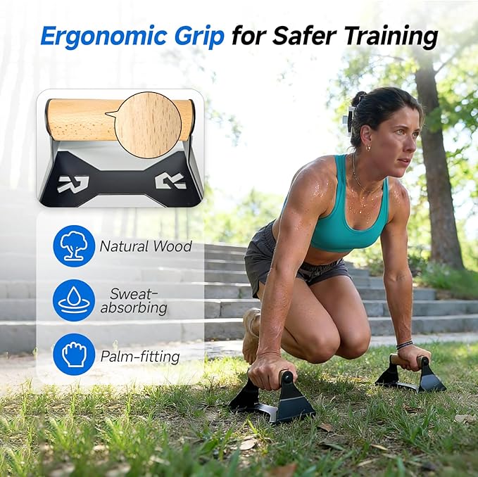 Rocalt Parallettes Push Up Handles - 550LBS Ergonomic Beech Wood Push Up Bars, Heavy Duty Steel Calisthenics Equipment for Home Gym, Anti-Slip Push Up Stands No Wrist Pain