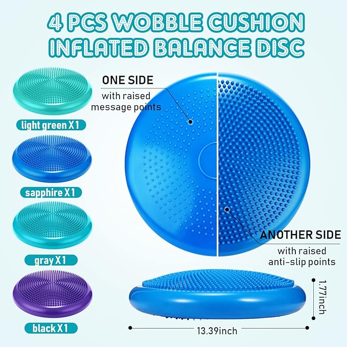 Sotiff 4 Pcs Inflated Wobble Cushion Wiggle Seat for Sensory Kids Flexible Seat for Classroom Wobble Disc with Inflation Pump Stability Balance Board for Adult Physical Therapy Exercise