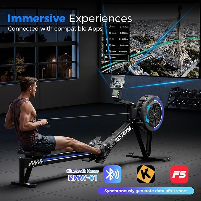 Rowing Machines for Home, Adjustable Air Resistance Rower Machine with Extra Long Rail, Ergonomic Comfort Seat, Device Holder, Easy Storage