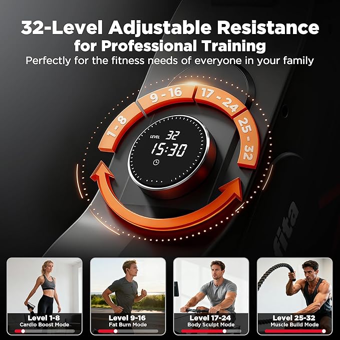 Rowing Machines for Home Use, Compact Rower Machine with 350 LBS Capacity,32-Level Self-Powered Resistance Knob with Real-Time Data Tracking, Dual Rail, Ergonomic Seat, App Support