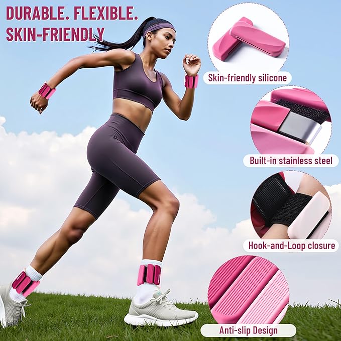 Wrist & Ankle Weights for Women and Men, 2lbs/4lbs Pairs Adjustable Silicone Weighted Bangles for Arm & Leg Workouts, Perfect for Pilates, Barre, Yoga, Walking & Home Fitness 24055
