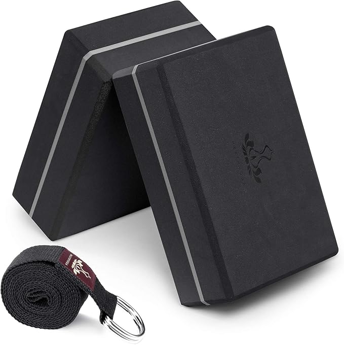 Heathyoga Yoga Blocks 2 Pack with Strap, High Density EVA Foam Yoga Block and Yoga Strap Set to Support and Improve Poses and Flexibility