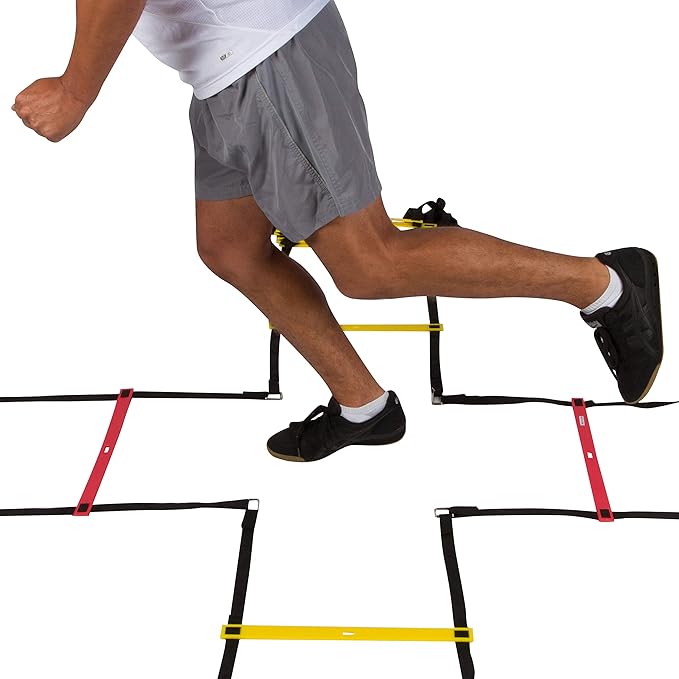 Trademark Innovations Agility Quad Ladder - 12 Adjustable Rungs on Four Training Ladders (Red and Yellow)