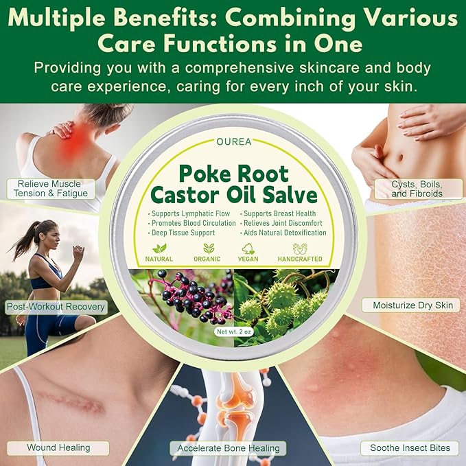 Poke Root Castor Oil Salve, Organic Lymphatic Support Massage Balm, Deep Tissue Ointment for Cyst, Boils, Breast, Fibroids, Swollen Lymph Nodes & Joint, Natural, Vegan - 2 Oz