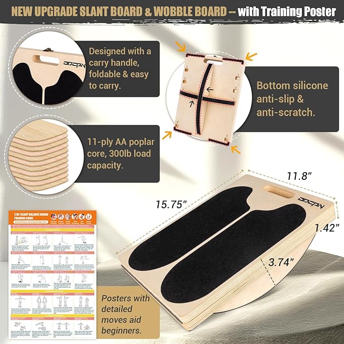 3-in-1 Slant Board & 180°/360° Balance Board, Portable 6 Angle Adjustable Calf Stretcher with Training Poster, Anti-Slip 300LBS Wobble Board for Physical Therapy, Standing Desk & Core Strength