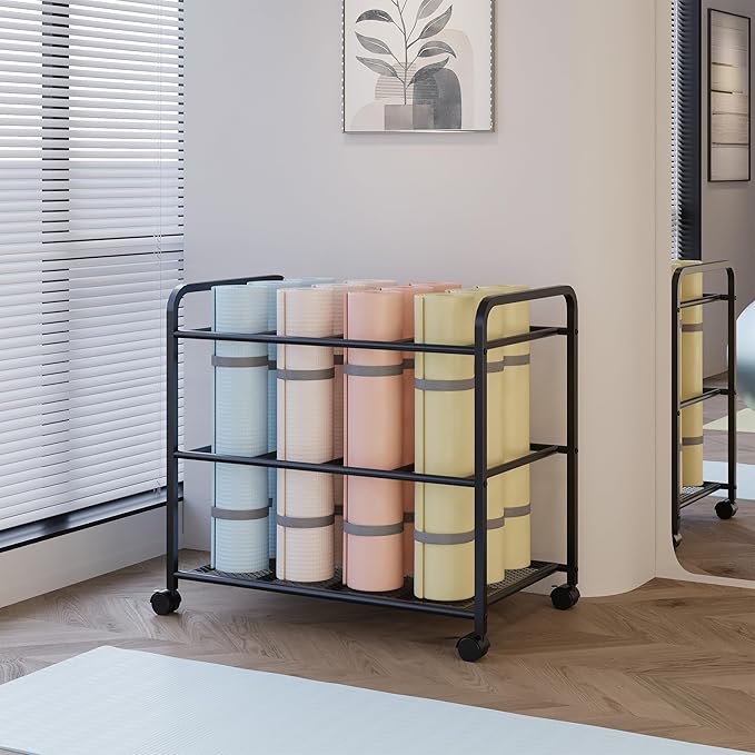 Yoga Mat Storage Rack with Wheels, Yoga Mat Rack for Fitness Class, Home, Gym, Workout Room, Home Gym Storage with Rounded Corners, Large-Capacity, Easy Assembly, Black