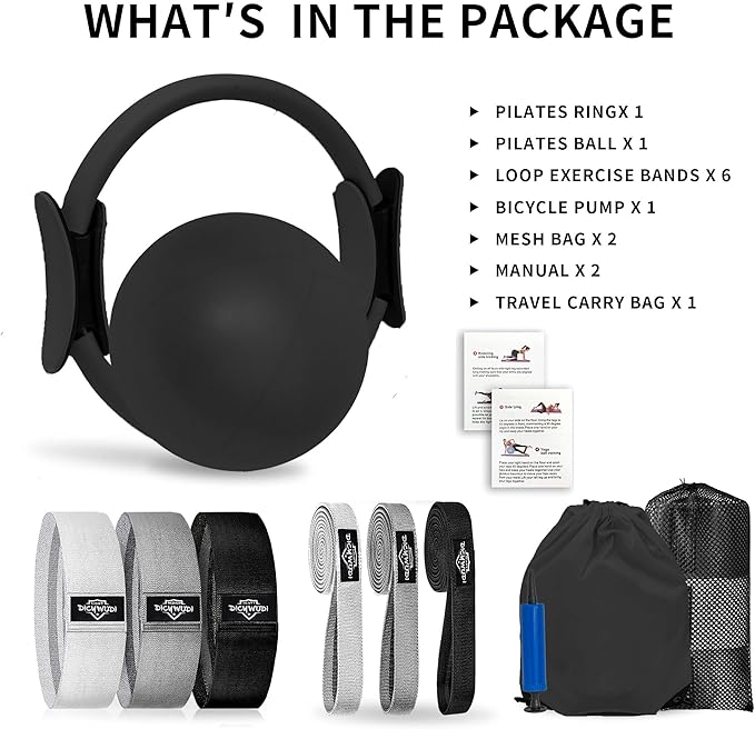 Pilates Essentials Kit for Home Women, Pilates Equipment for Workouts, 6 Fabric Resistance Bands, 12 Inch Magic Circle Yoga Ring, Mini Exercise Ball, Great Exercise Accessories