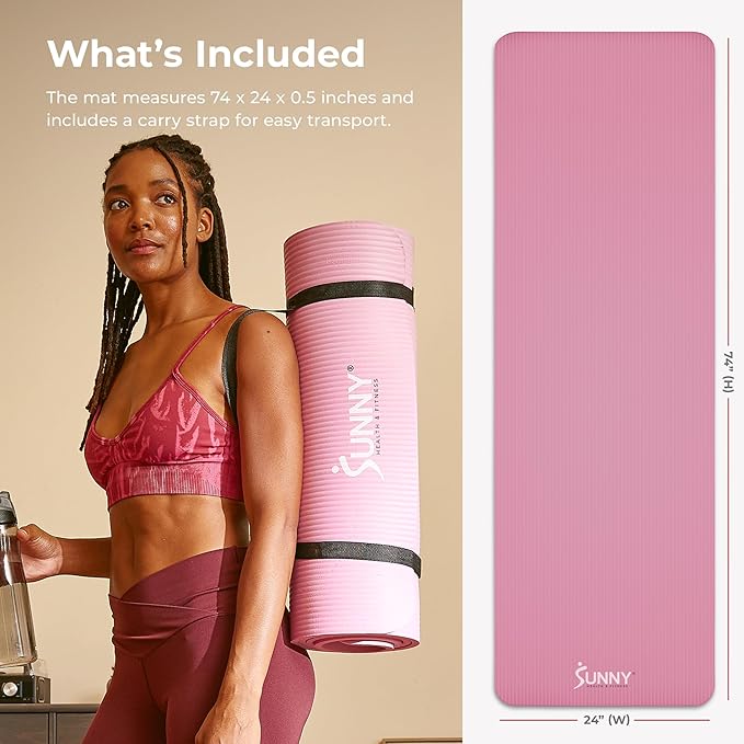 Sunny Health & Fitness Non-Slip Yoga Mat – Durable, Anti-Tear, Lightweight, Cushioned Support for Yoga, Pilates, Stretching Exercises, Meditation and Floor Workouts | Multiple Sizes & Colors