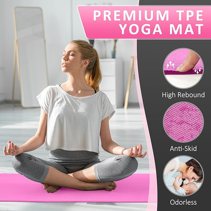 Signature Fitness All Purpose 0.25 Inch Thick High Density No Tear Exercise Yoga Mat with Strap & Lightweight Features for Indoor & Outdoor Use, Pink