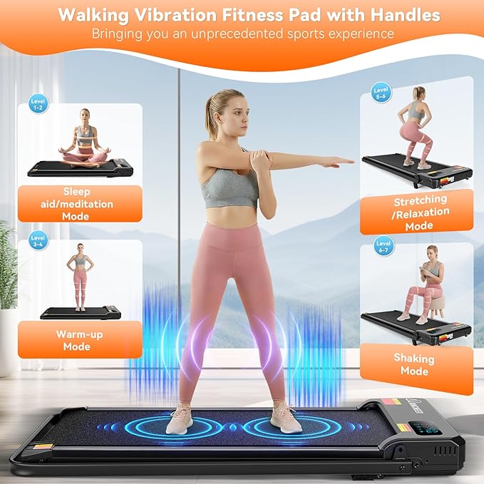 Small Walking Pad Treadmill with Incline - Under Desk Treadmills with Vibration Plate, 2.5HP Compact Portable Walking Pads with Handle Bar for Home Small Spaces, Office, Remote Control & LED Display
