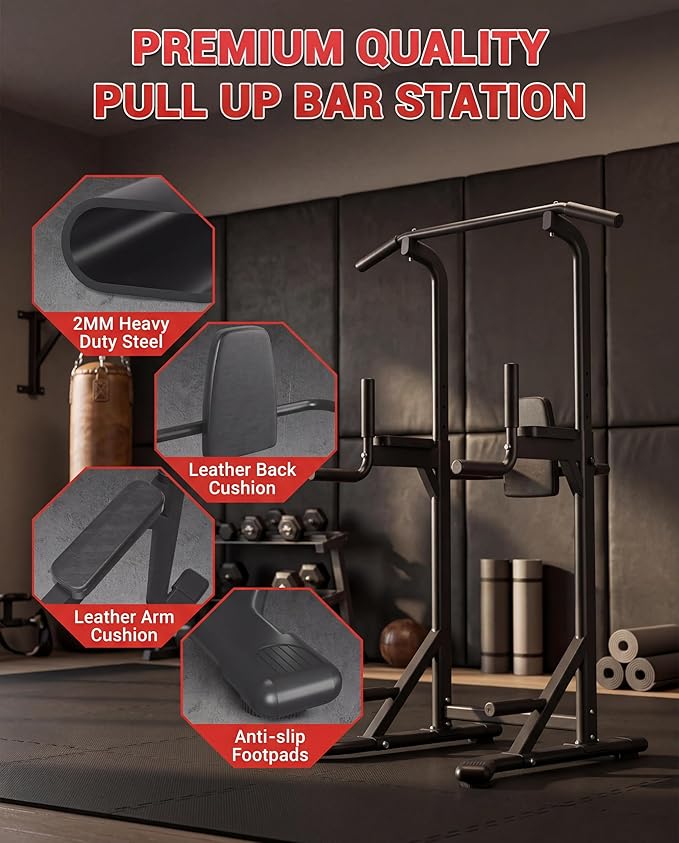 Power Tower Pull Up Bar Dip Station, 450LB Heavy Duty Carbon Steel Pullup Stand for Home Gym, Freestanding Strength Training Equipment, Bodyweight Workout Station, Indoor Fitness Rack, Chin Up Dip Bar