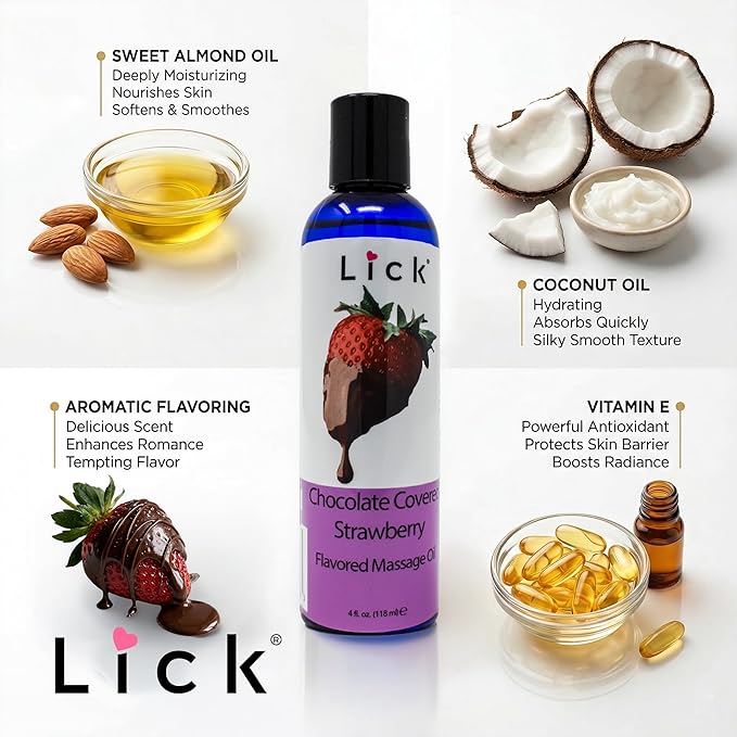 Lick Chocolate Covered Strawberries Massage Oil – Gourmet Dessert Edible Massage Oil with Almond Oil & Vitamin E, Luxurious Glide for Romantic Couples Massage, 4 oz