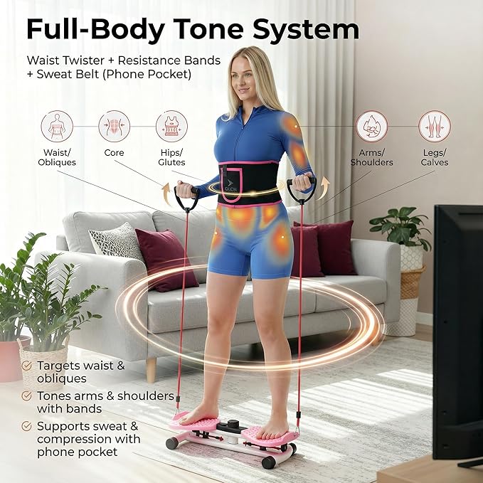 FLÉCHA Waist Twister Machine Exercise, Ab Workout Equipment, Waist Twisting Exercise Board with Digital Counter, Tracks Time Twists Calories, Non-Slip Core Trainer, 300 lb Capacity, Twist Board with Sweat Belt & Virtual Workout Plan, Resistance Bands, ...