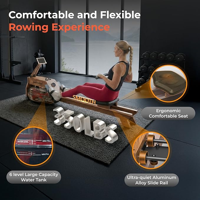 Water Rowing Machine for Home Use, WENOKER Wooden Foldable Rower Machine with Dedicated Monitor & Bluetooth APP, Large Water Tank & Comfortable Seat for Immersive Water Rower, 350LBS Weight Capacity