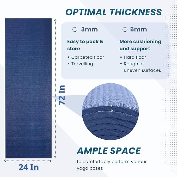 Everyday Yoga Deluxe Mat, Spacious 72"x24" Non-Slip Yoga Mat for Comfortable Home Workouts, 3-5mm Extra Thick