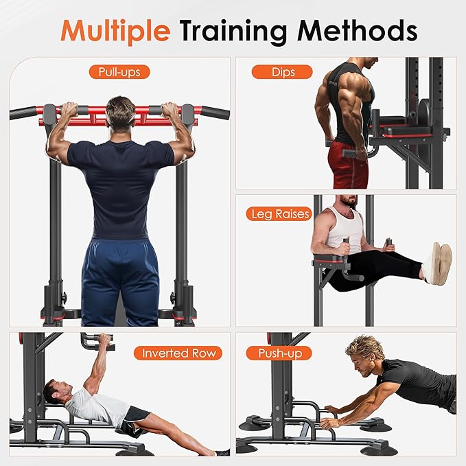 DlandHome Pull Up Bar Power Tower Dip Station, Height Adjustable Heavy Duty Workout Dip Stand, Multi-Functional Strength Training Machine for Men Women Home Gym