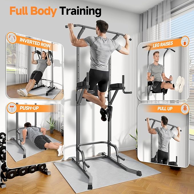 Power Tower Pull Up Station for Home Gym, Dip Station with Splayed H-Shaped Base, 440LBS Capacity, Adjustable Height Workout Station for Pull-ups, Dips & Leg Raises