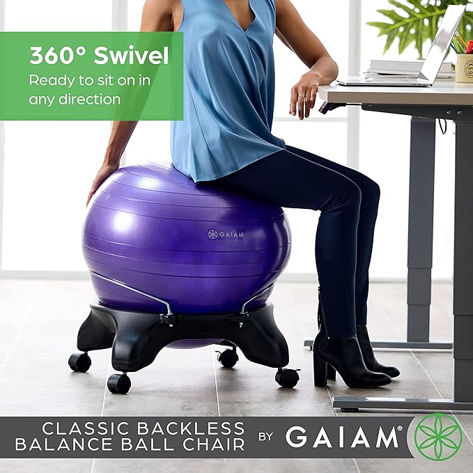 Gaiam Classic Backless Balance Ball Chair – Exercise Stability Yoga Ball Premium Ergonomic Chair for Home and Office Desk with Air Pump, Exercise Guide and Satisfaction Guarantee, Charcoal