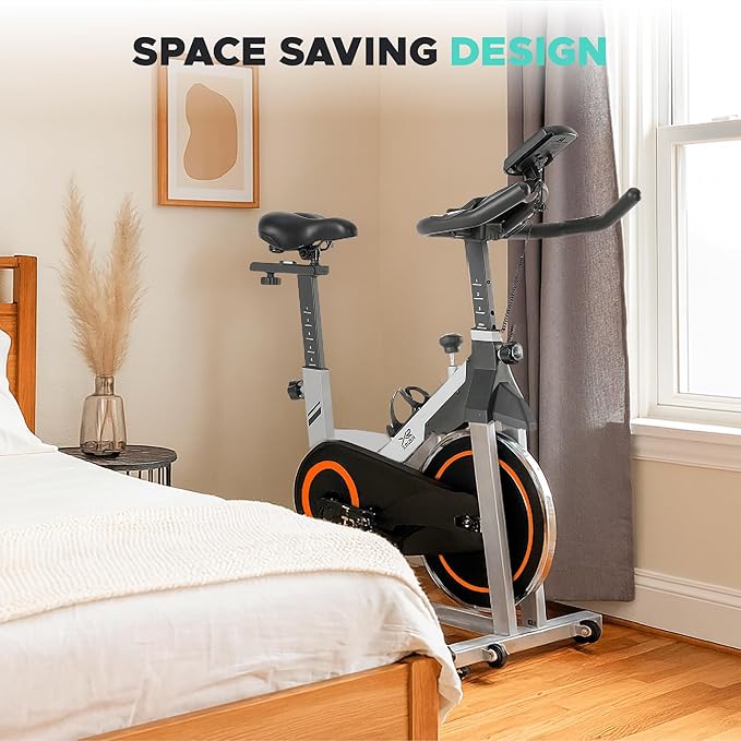 Stationary Exercise Bike for Home, Indoor Cycling Bike with Silent Belt Drive, Adjustable Seat & Resistance, LCD Display, iPad Holder, 264 LBS Weight Capacity