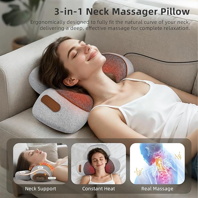 3-in-1 Neck Massager Pillow with Heat, Massage & Stretcher, Traction Massager for Neck Hump, Shoulder & Muscle Relaxation, Pain Relief & Cervical Support, Ideal Gift for Women & Men