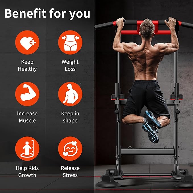 DlandHome Pull Up Bar Power Tower Dip Station, Height Adjustable Heavy Duty Workout Dip Stand, Multi-Functional Strength Training Machine for Men Women Home Gym