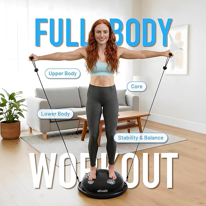 Ativafit Balance Ball Half Exercise Ball Balance Trainer Inflatable Yoga Ball for Home Gym Workouts Core Strength Fitness Half Ball with Resistance Bands, Pump, Support to 660 lbs