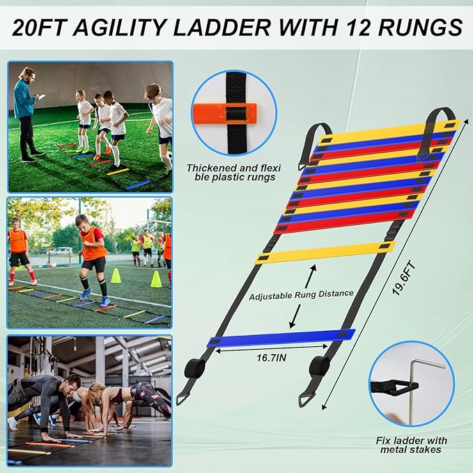 Speed Agility Training Equipment Set, Agility Ladder 20ft, 12 Football Cones, Resistance Parachute/Soccer Kick Trainer, Jump Rope, 5 Resistance Bands, Football Practice Equipment for Kids Adults