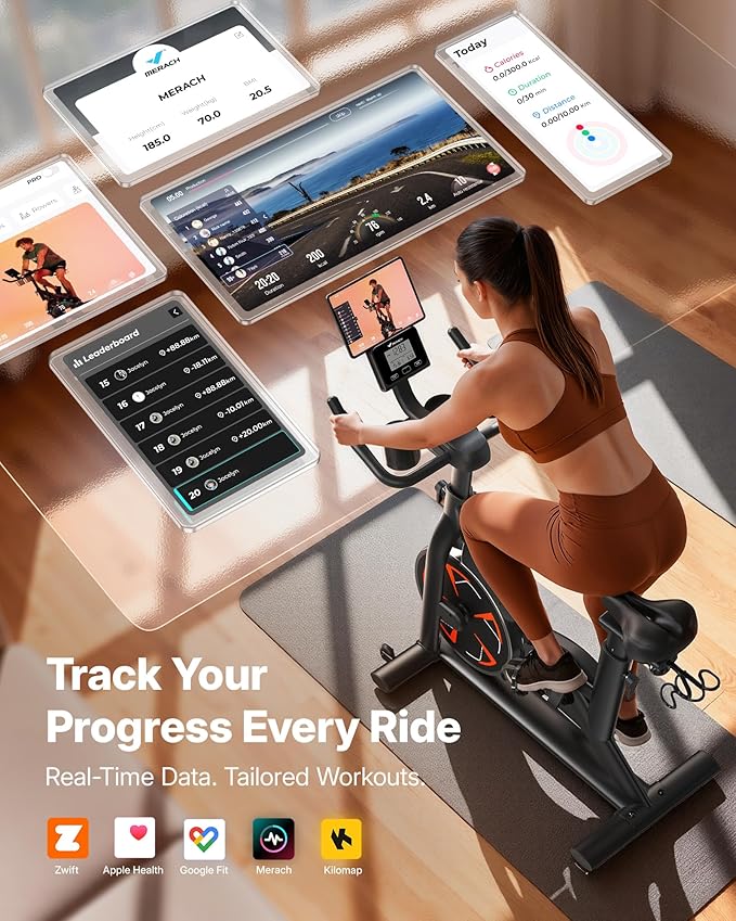 Merach Magnetic Exercise Bike, Low Noise Stationary Bike for Home with Comfortable Seat Cushion, Spinning Bike with 330 lb Weight Capacity, Exclusive App, Tablet Mount and Fitness Courses