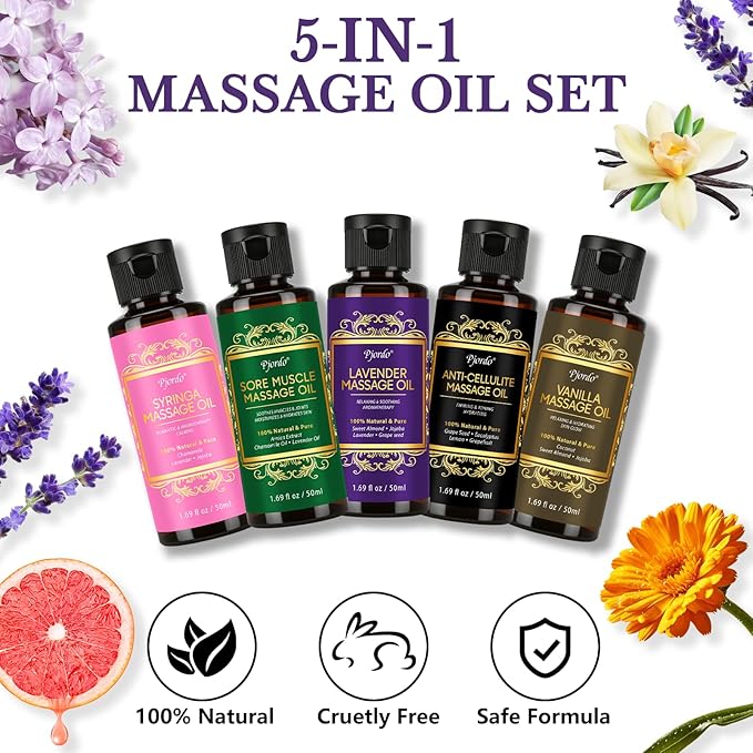 5 Pack Massage Oil for Massage Therapy, Lavender, Vanilla, Sore Muscle, Syringa & Anti Cellulite Massage Oil Kit for Relaxing Muscle & Soothing The Body, Home Spa Gifts for Her Him
