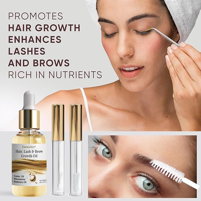Castor Oil Organic Cold Pressed Unrefined Glass Bottle, Eyebrow Eyelash Growth Serum, Hexane-Free, Pure Rosemary, Macadamia Infused Oils for Hair and Scalp Growth, Natural Brow Lash Oil 2oz