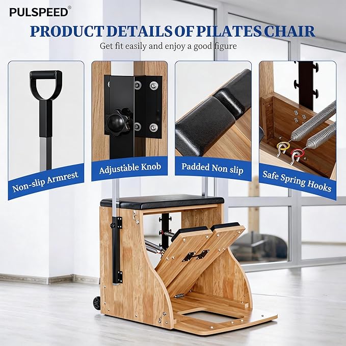 Pilates Chair Wunda Chair Pilates Combo Chair with Handles Split Pedals Reformer Machine for Yoga Core Training Rehabilitation Includes Non-Slip Socks (Wood Panel Bracket)