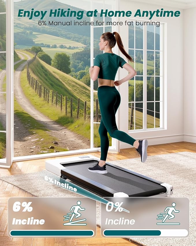 DeerRun Under Desk Walking Pad Treadmill for Home Office & Small Spaces, 6% Manual Incline, 0.6–3.8 MPH Walking Speed, 2.5 HP, 300 lb Capacity, App & Remote Control