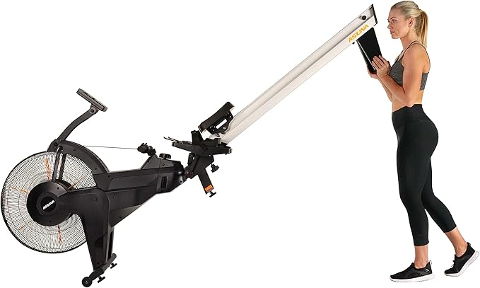 Sunny Health & Fitness AeroForce Fan Rower, Commercial Grade Rowing Machine with Performance Monitor, Long Foldable Rail for Home Cardio Training, Optional Dual Resistance