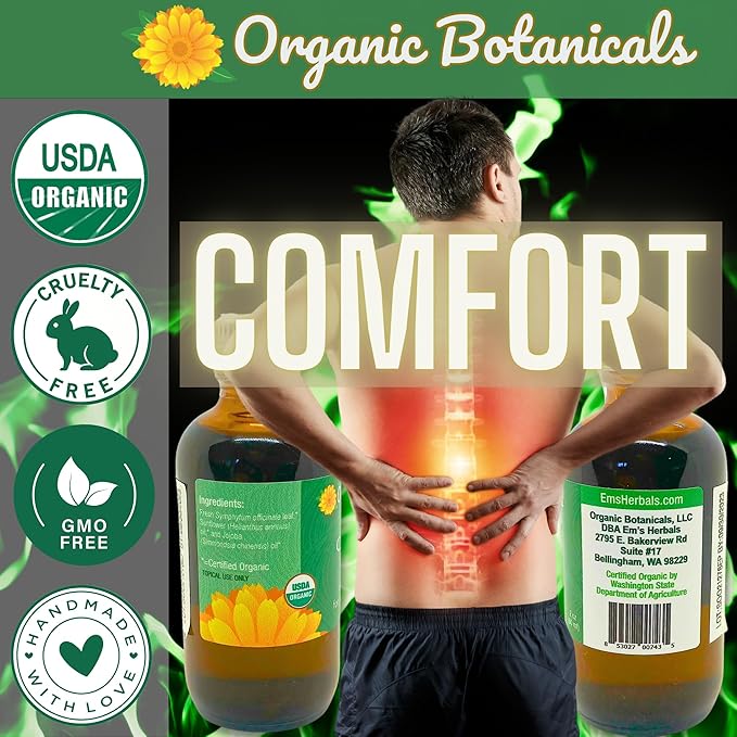 Pure Organic Comfrey Leaf Infused Oil - Skin Care for Joints, Back, Muscles, Fractures, Bruises, and Minor Wounds, Natural Herbal Body Massage Oil, Certified Organic (2 oz)
