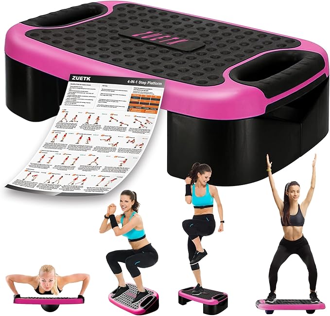 4-In-1 Balance Board and Stepper Exercise Platform - Aerobic Step Adjustable Home Workout Slant Board, Non Slip Soft cushion - With Home Workout Suggestions