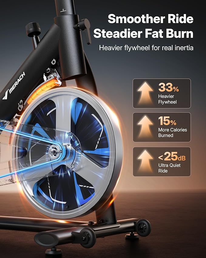 Merach Magnetic Exercise Bike, Low Noise Stationary Bike for Home with Comfortable Seat Cushion, Spinning Bike with 330 lb Weight Capacity, Exclusive App, Tablet Mount and Fitness Courses