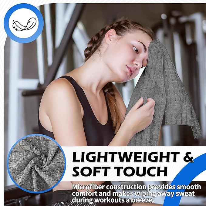 HOMERHYME Microfiber Workout Towels, 10 Pack Gym Sweat Sports Towels, 16 x 27 Inch Quick Dry Hand Towels, Absorbent Grey Towel for Home Yoga Fitness Spa Camping, Gym Accessories for Women Men