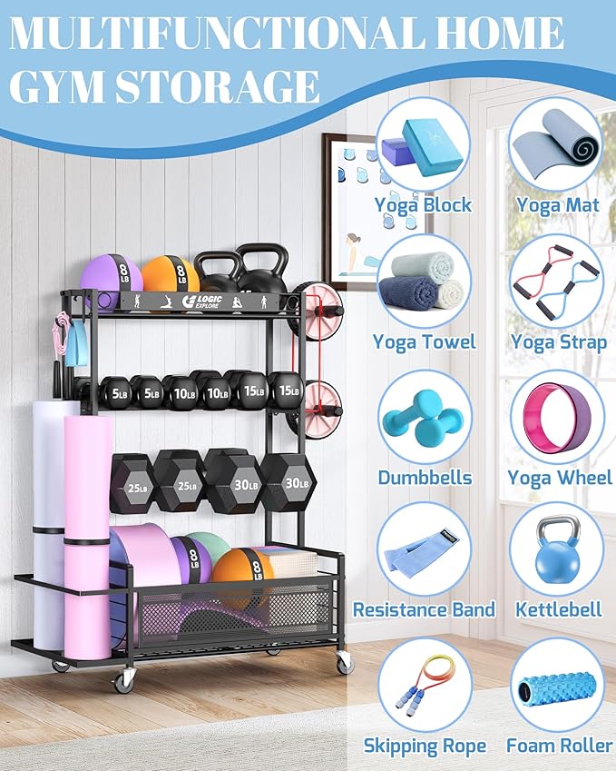Dumbbell Rack Weight Storage Stand, Adjustable Weight Rack with Wheels, Metal Workout Equipment Storage Organizer, Home Gym Storage Organizer for Dumbbells, Kettlebells, Yoga Mat, Foam Roller