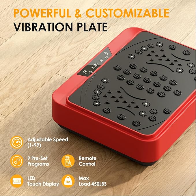 Vibration Plate Machine with Resistance Bands, 99 Speed Levels, 450LBS Capacity, Remote Control , Full Body Workout for Weight Loss & Lymphatic Drainage