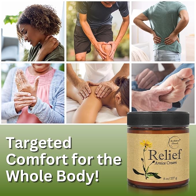 Relief Arnica Cream – Enriched with Lemongrass, Eucalyptus & Rosemary Essential Oils – All Natural Massage Lotion for Sore Muscles & Stiffness. Perfect for Massage Therapy by Brookethorne Naturals