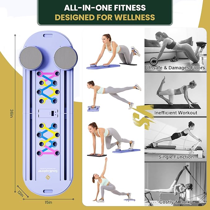 Pilates Board, 9 in 1 Multi-Purpose Foldable Pilates Reformer Set, Portable Pilates Reformer Board with Yoga Socks & Resistance Bands, Best for Women Fitness & Exercise at Home Pilates Workout Board