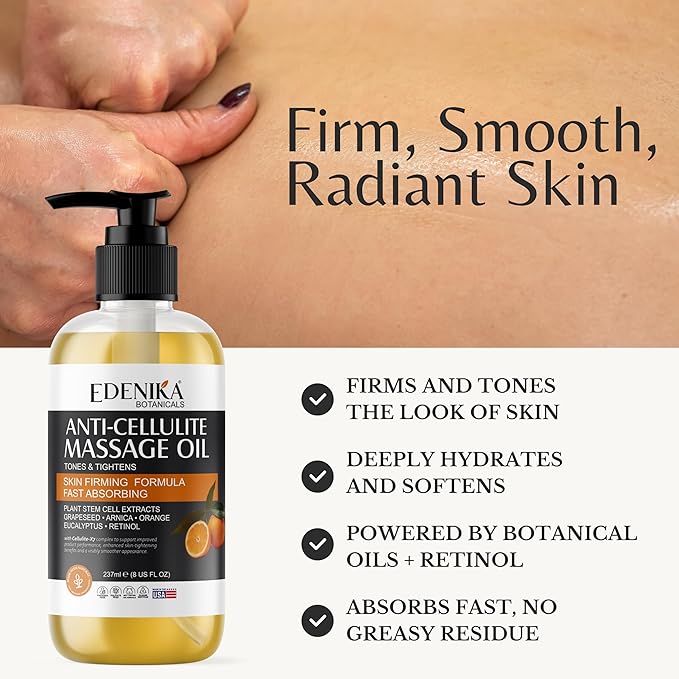 Firming Anti Cellulite Massage Oil, Grapeseed Oil, Caffeine, Plant Stem Cells & Retinol, Supports Tighter, Smoother-Looking Skin on Body, Legs, Thighs & Buttocks, 8 Fl Oz
