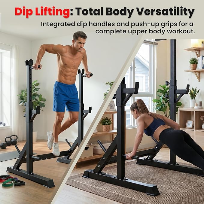 Adjustable Bench Press Rack Stand, 700lbs Heavy Duty Barbell Rack with Dip Station and Push Up Handles, Width Adjustable for 6ft 7ft 8ft Bars - Home Gym Strength Training Infrastructure
