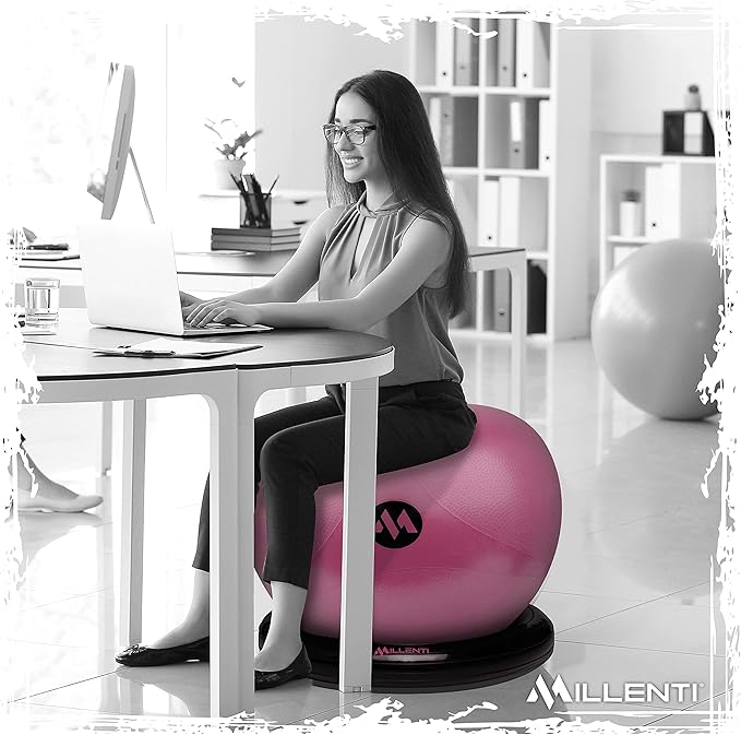 Millenti Exercise Ball Chair 65cm - Yoga Ball Chair Stability Base Ring Kit & Fitness Resistance Bands For Home, Gym Bundle, Pilates Ball, Office Chair, Birthing Ball For Pregnancy - With Workout Chart