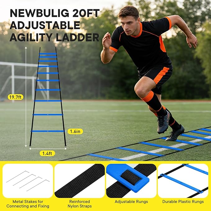 Agility Ladder Speed Training Equipment Set-20ft Ladder, 12 Cones, 4 Adjustable Hurdles, Jump Rope, Resistance Parachute| Basketball, Soccer, Football Practice Equipment for Youth, Adults